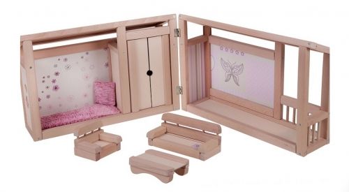 Комплект дървена къща за кукли + обзавеждане